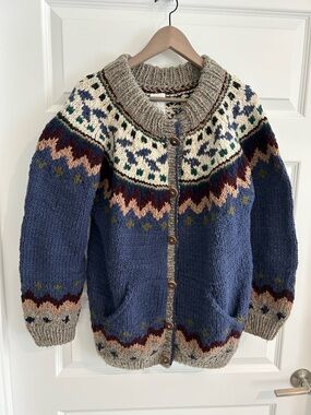 Handmade Ecuador Merino Wool Cardigan Blue Gray Size M
